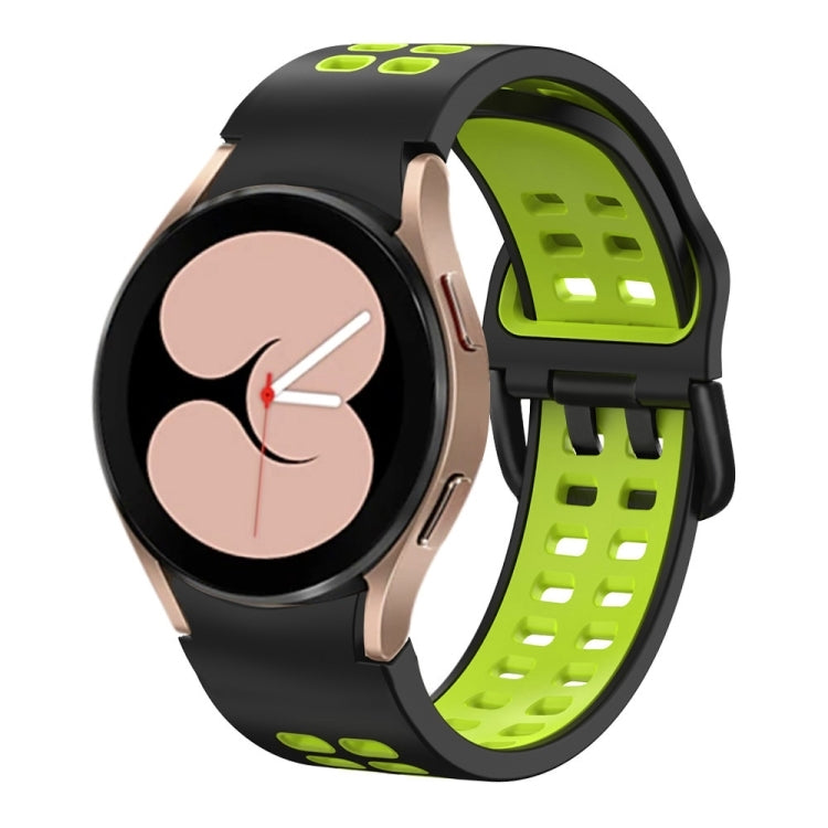 Two-color silicone watch band with double-row holes, black outer with lime-green inner strap.