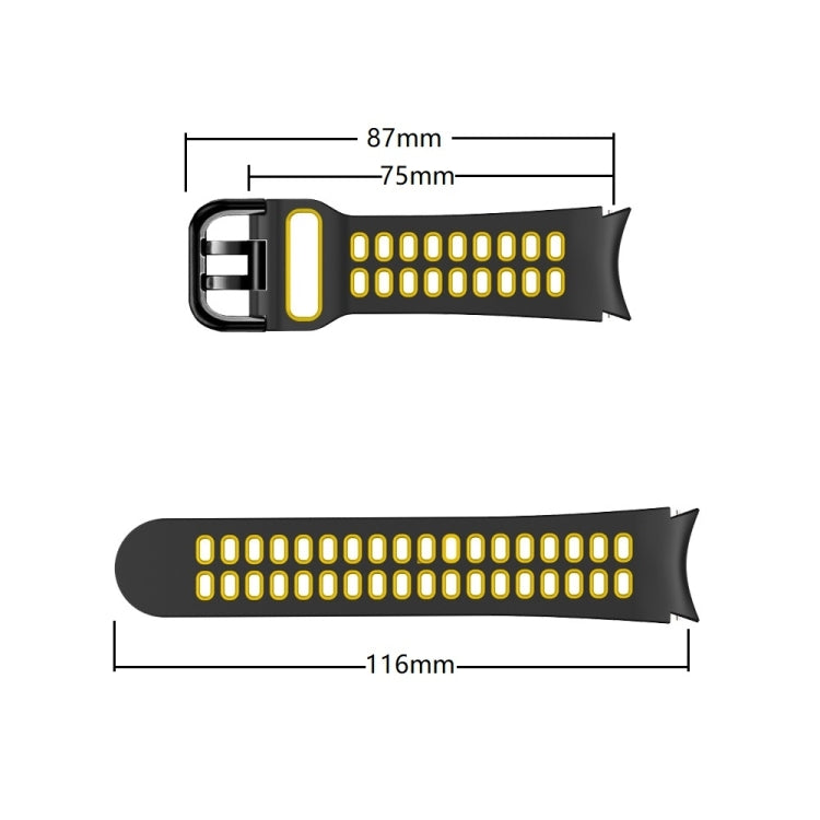 Silicone watch band size diagram: 87mm x 116mm, black strap with yellow holes.