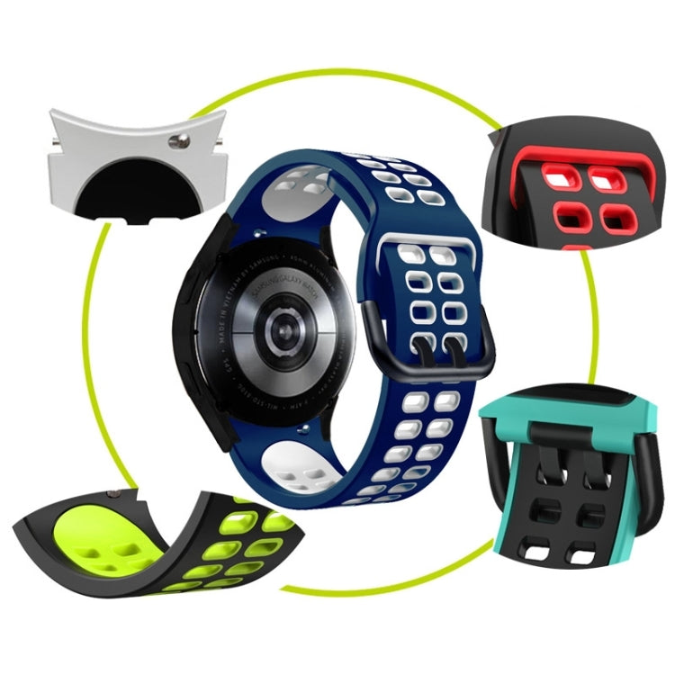 Multiple silicone watch bands with double-row holes shown in blue, teal, green, and red.