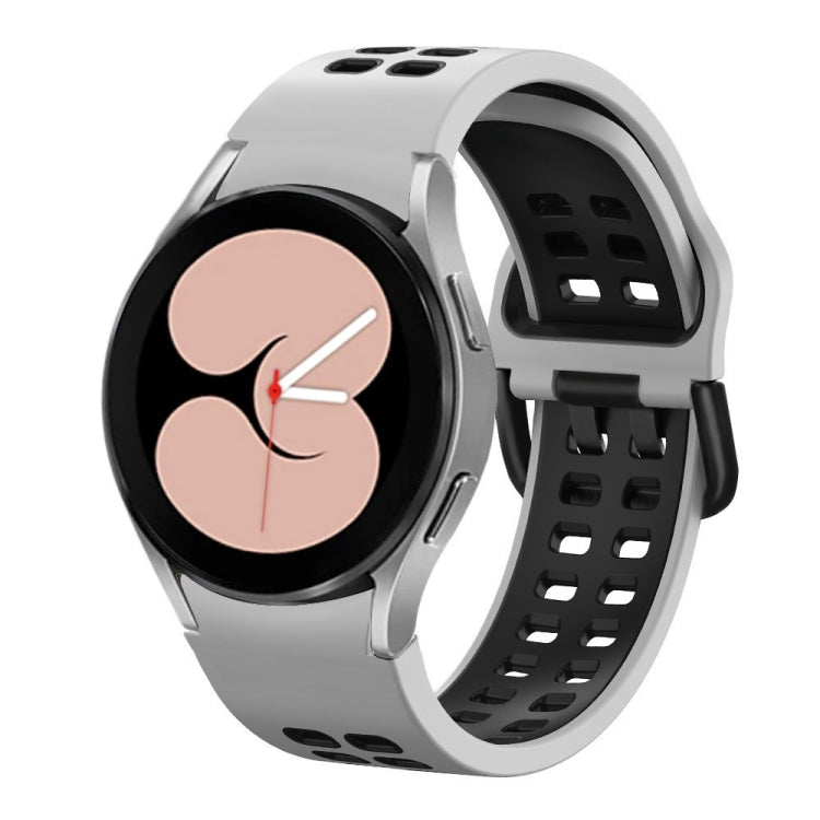 Silicone watch band with double-row holes, silver and black strap for Galaxy Watch.