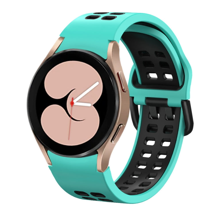 Silicone watch band with double-row holes, teal and black strap for Galaxy Watch.