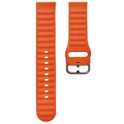 Orange silicone watch band pair with ridged texture and metal pin buckle.