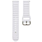 White silicone watch band with ridged texture and metal pin buckle, close-up.