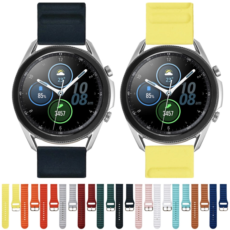Silicone watch band: dark navy and yellow straps with metal pin buckle.