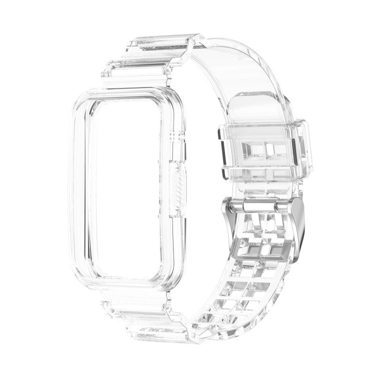 Integrated transparent silicone watch band, transparent white, side view with clasp