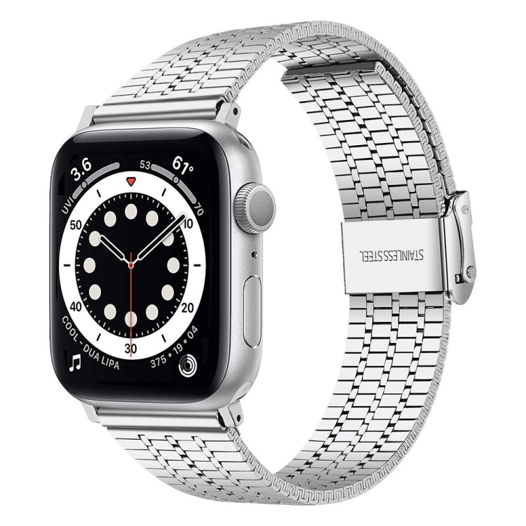 Silver steel mesh link watch band for Apple Watch, rectangular clasp