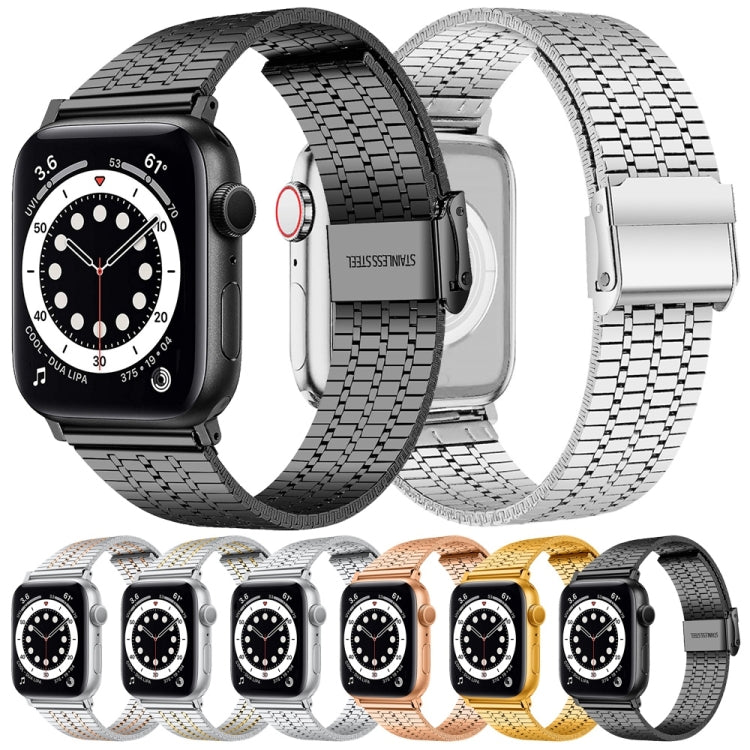 Set of steel watch bands in black, silver, and rose gold colors