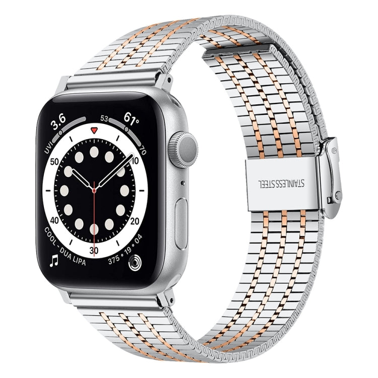 Silver stainless steel mesh watch band with rectangular clasp on smartwatch