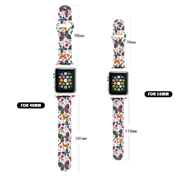Apple Watch printed band with butterfly and floral design; length size guide shown