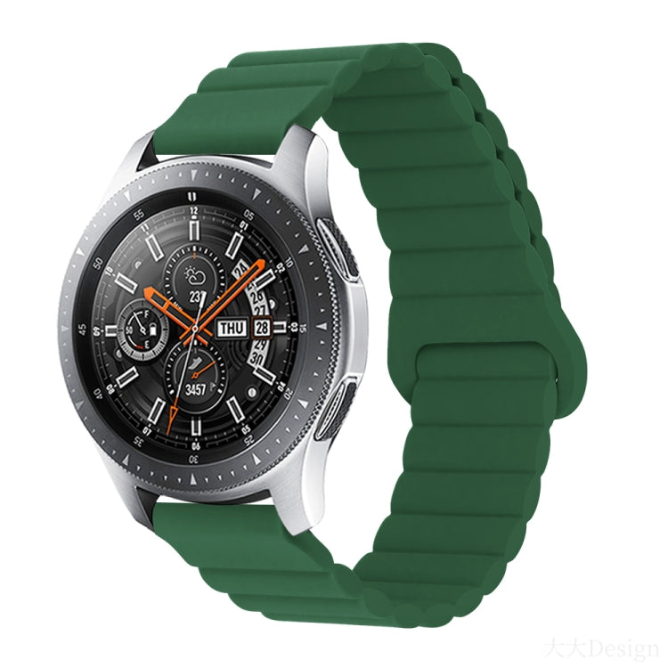 Smart watch with green silicone band and metal clasp, round black dial with orange details
