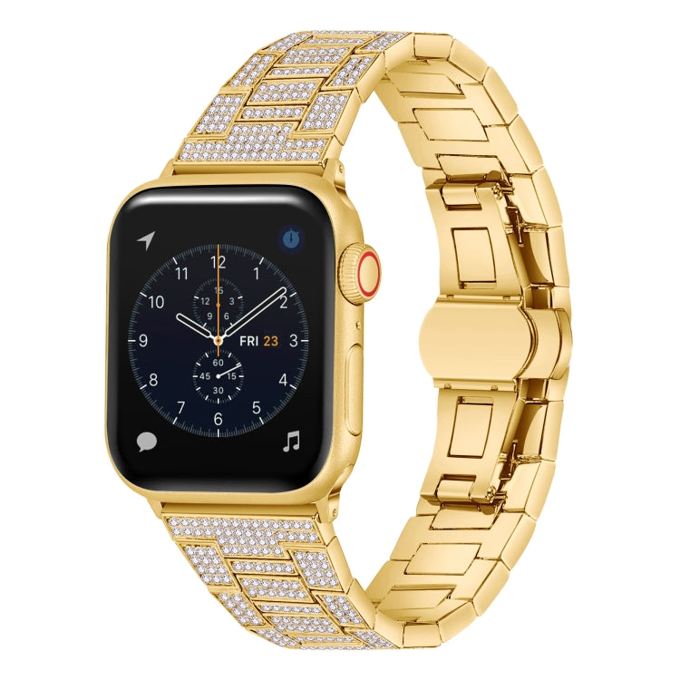 Gold diamond metal watch band for Apple Watch, shown on a smartwatch