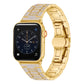 Gold diamond metal watch band for Apple Watch with sparkling link rows and watch face frame.