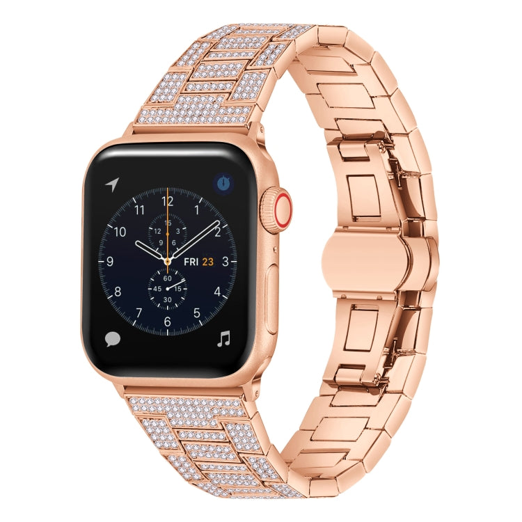 Rose gold diamond metal watch band for Apple Watch with sparkling link rows and watch face frame.