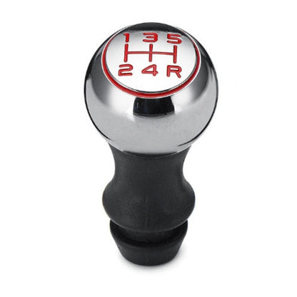 Gear shift knob with 5-speed H-pattern and red markings, chrome top and black base