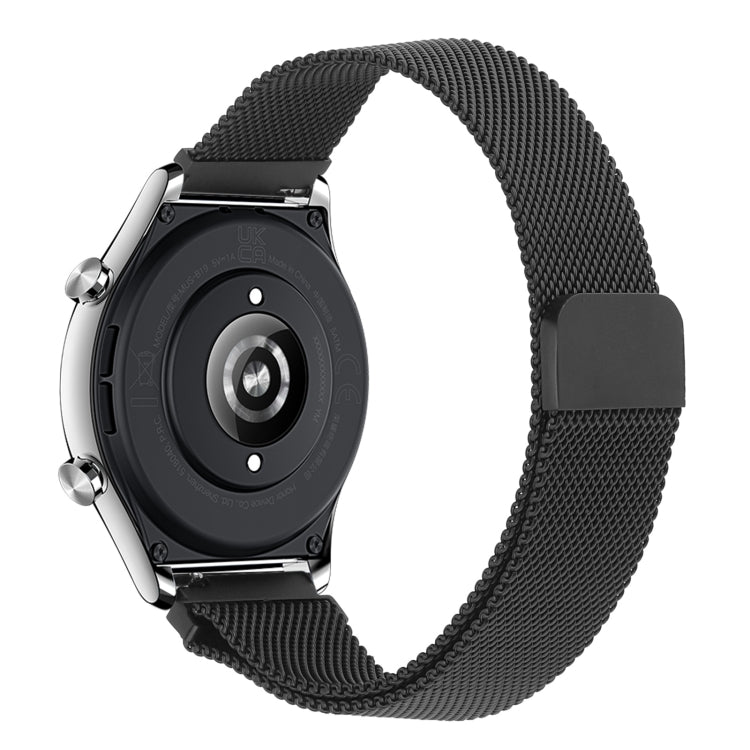 Metal milan chain watch band in black with rectangular clasp and woven mesh