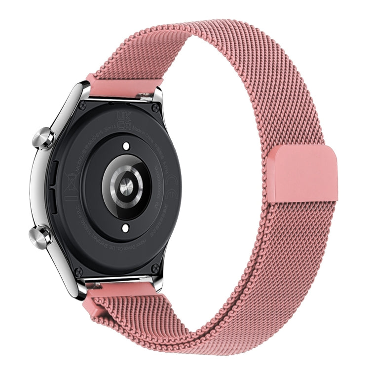 Metal milan chain watch band in pink with rectangular clasp and woven mesh links