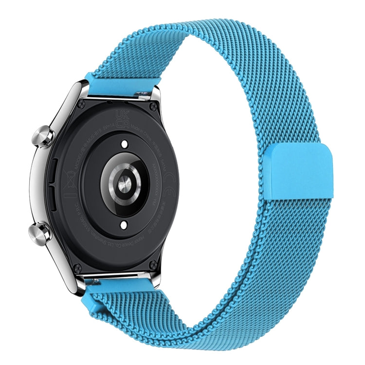 Milan chain metal watch band with bright cyan-blue mesh and matching clasp