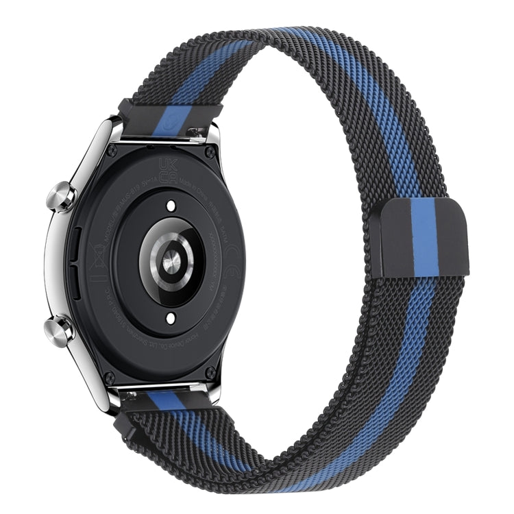 Milan chain metal watch band with black mesh and blue stripe accents