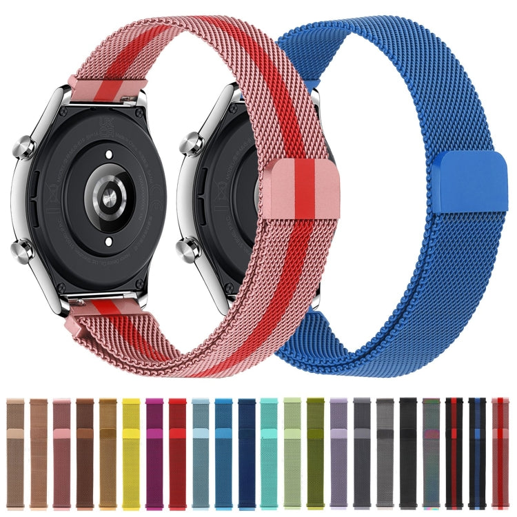 Pair of milan chain metal watch bands in red and blue mesh with clasp
