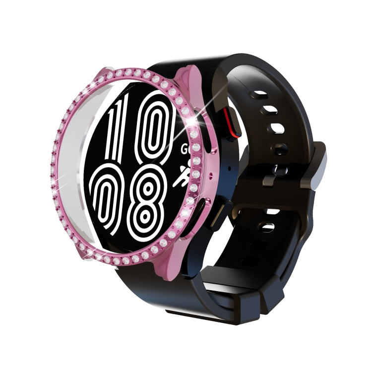 Pink diamond rhinestone watch case with black strap, circular bezel cover