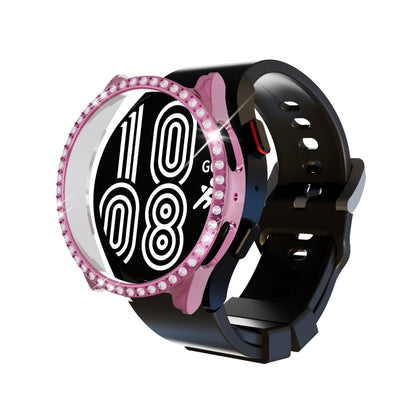 Pink diamond rhinestone watch case with black strap, circular bezel cover