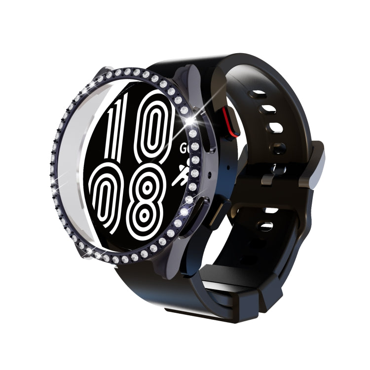 Dark metal diamond rhinestone watch case with black strap and round bezel cover
