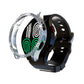 Diamond hollow watch case with clear rhinestone bezel on black strap, angled view