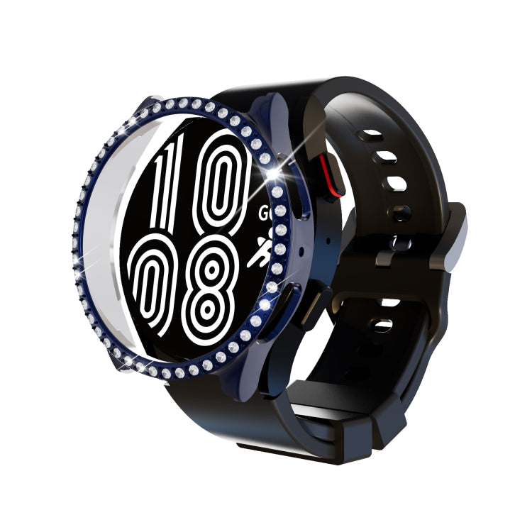Dark blue diamond rhinestone watch case with black strap and round bezel cover