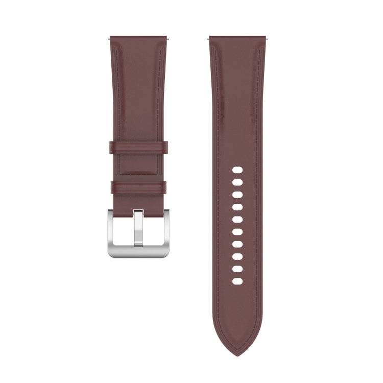 Dark brown leather watch band with silver buckle and perforation details.