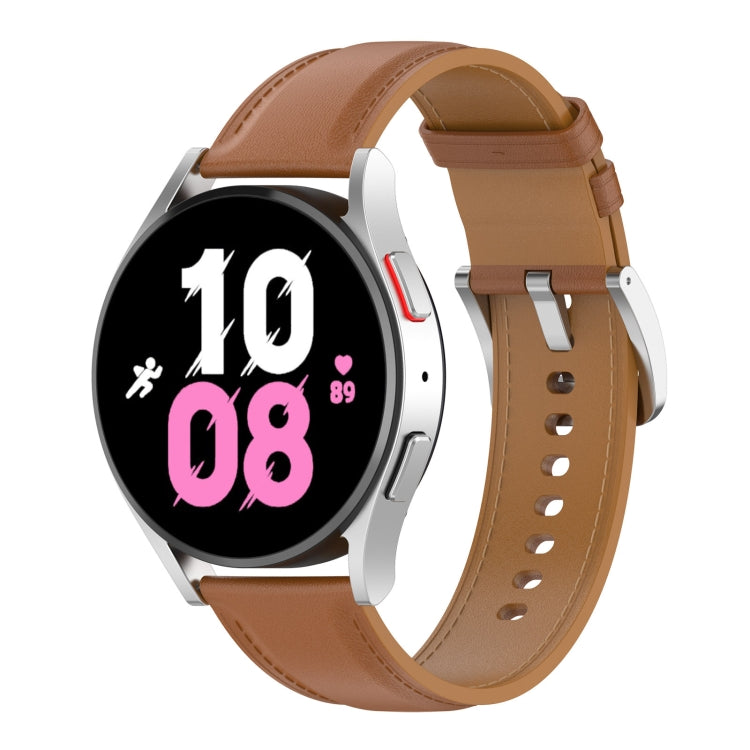 Bright brown leather watch band with metal clasp and perforated strap for Samsung Watch.