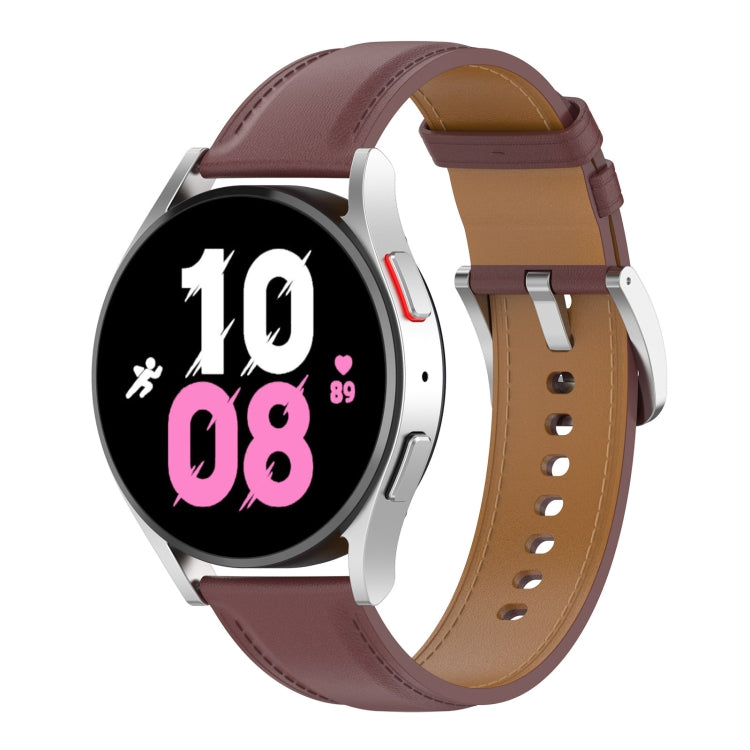 Dark pink leather watch band with metal clasp and perforated strap for Samsung Watch.