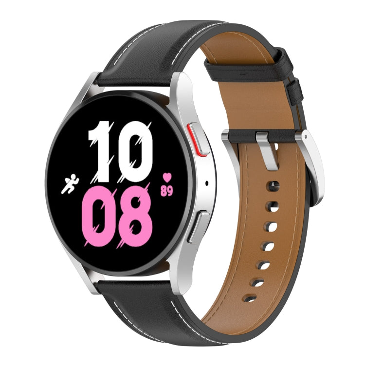 Black leather watch band with metal clasp and perforated strap, side-on view.