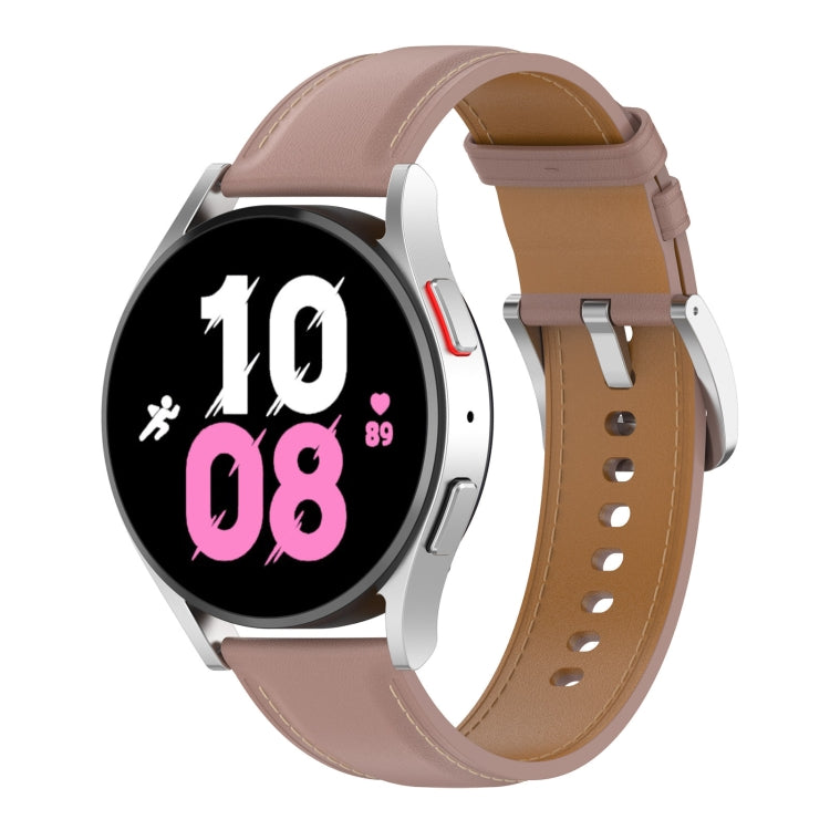 Mauve leather watch band with metal buckle and perforations for a secure fit