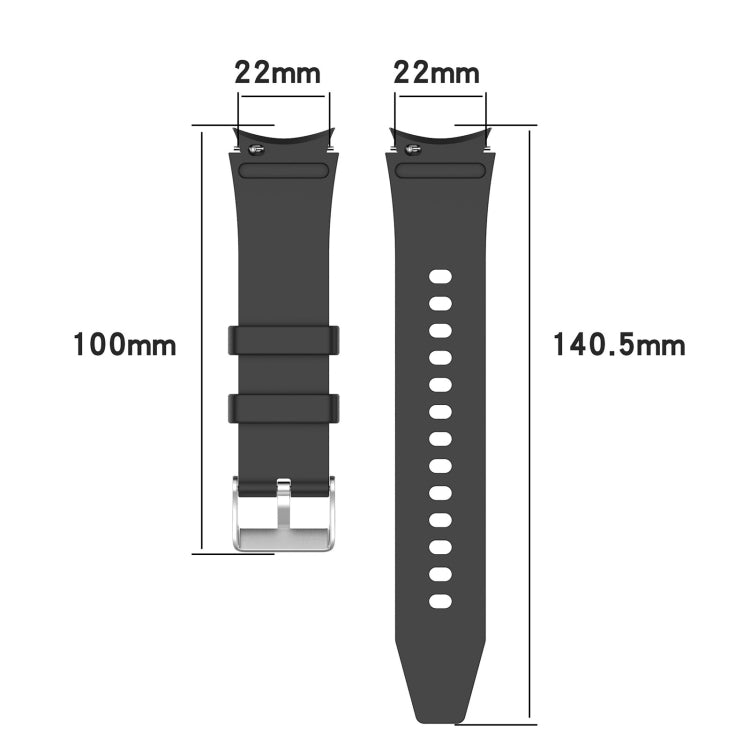 Black silicone watch band size diagram: 22mm width, 100mm and 140.5mm lengths