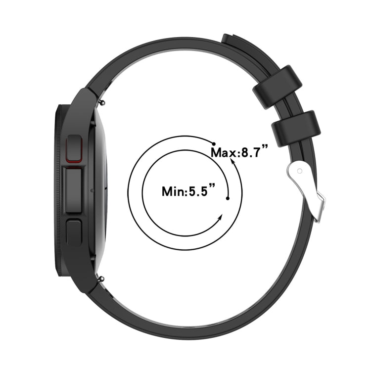 Silicone watch band in black with perforated strap and size range marking