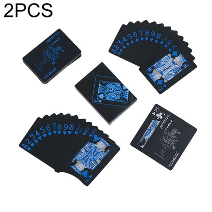 Plastic waterproof poker cards set, black backs with blue suit numbers and faces.