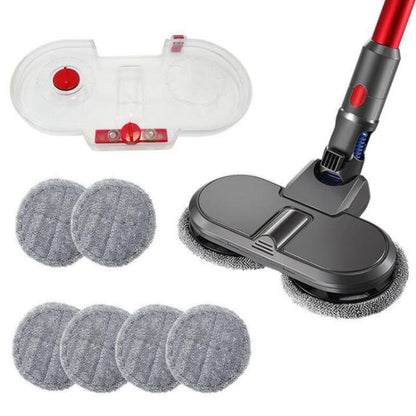 Electric vacuum mop cleaning head with grey body and microfiber pads, plus water tank