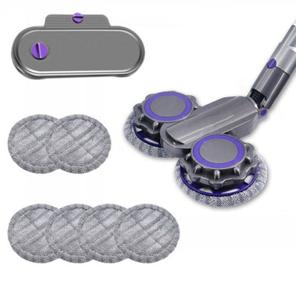 Electric vacuum mop cleaning head with grey water tank, purple accents, and four grey pads