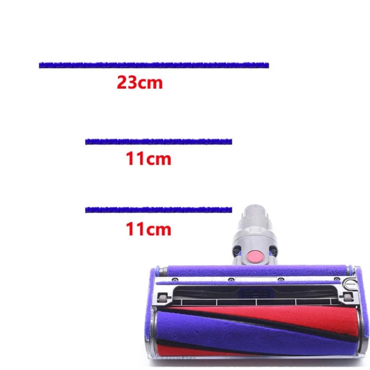 Purple velvet floor brush roller with red core and length markings (23cm, 11cm)