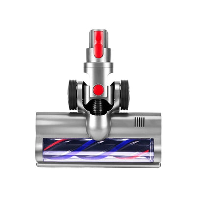 Electric vacuum floor brush with blue roller and red accents, silver housing
