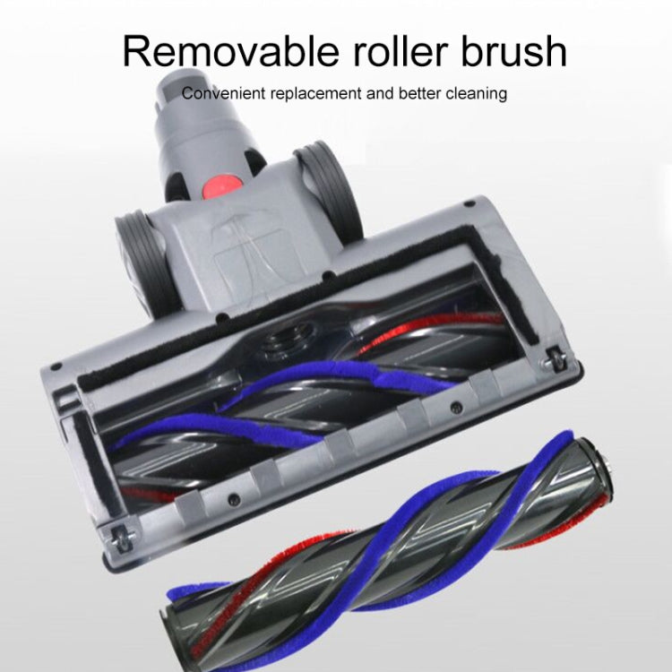 Vacuum floor brush head with removable roller and black brush guard, blue roller
