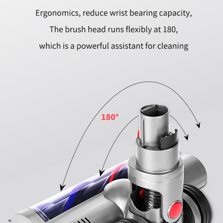 Vacuum floor brush head with angled rotary neck, silver body and red control