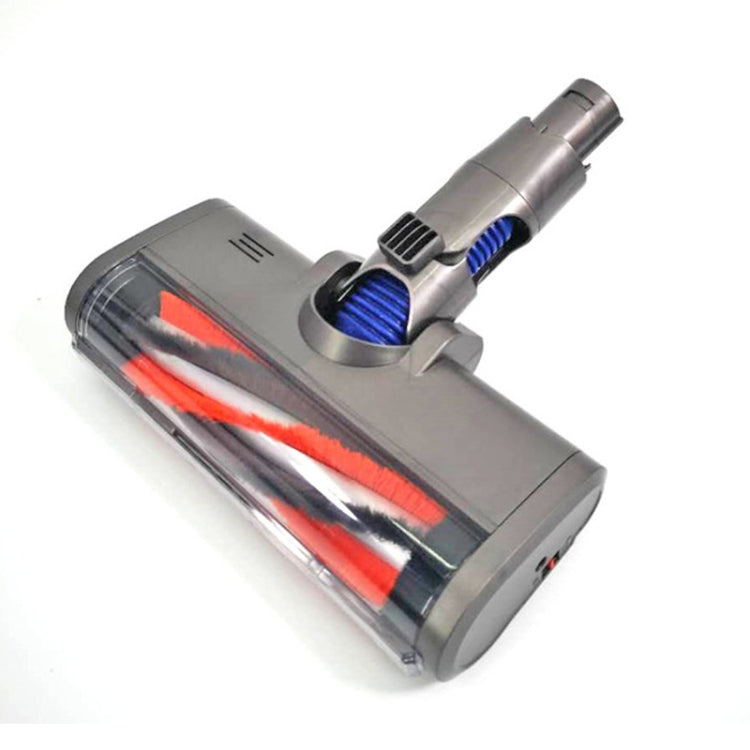 Electric vacuum floor brush head with red and blue roller bristles, gray housing