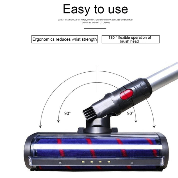 Electric vacuum floor brush head with blue striped roller, gray nozzle and wheels