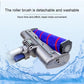 Electric vacuum floor brush with blue striped roller, gray body and side wheels
