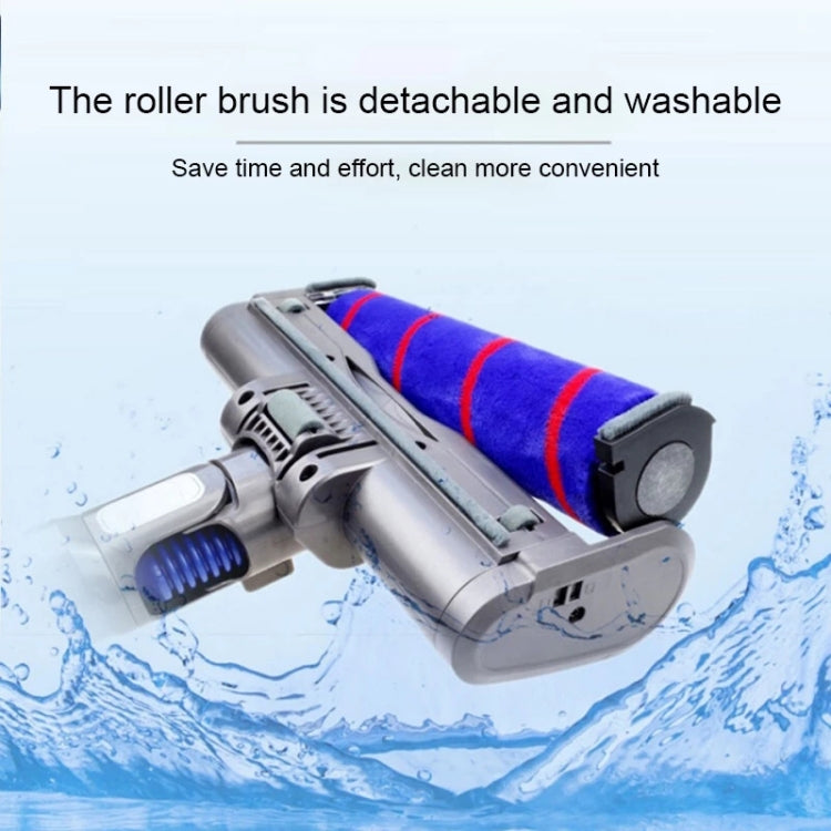 Electric vacuum floor brush with blue striped roller, gray body and side wheels