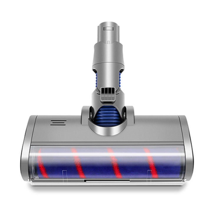 Electric vacuum floor brush head with blue striped roller, gray mount and nozzle