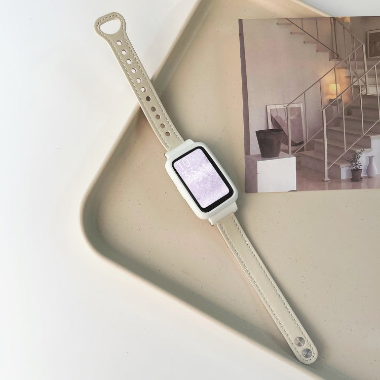 Double-riveted leather watch band, white, with metal eyelets, for Mi Band 7 Pro.