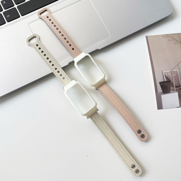 Pair of double-riveted leather watch bands, cream and pale tan, for Mi Band 7 Pro.