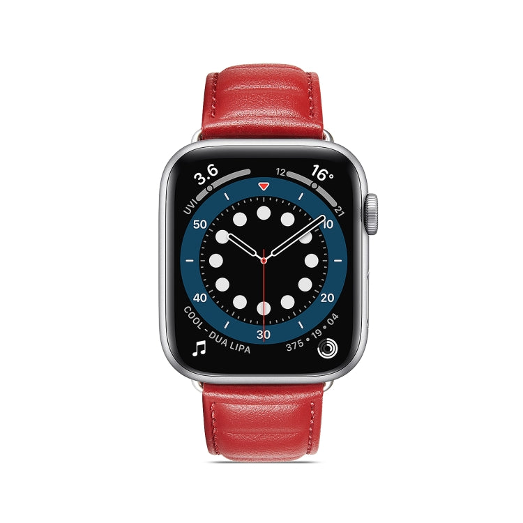 Red genuine leather Apple Watch band with metal buckle, shown straight on watch